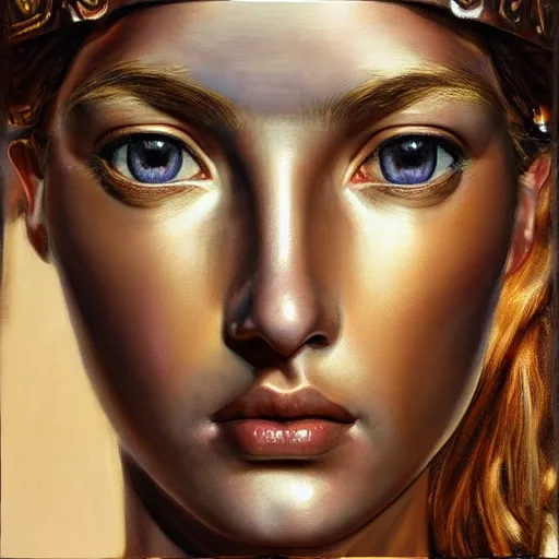 Image similar to hyperrealistic mixed media painting of beautiful goddess Athena, stunning 3d render inspired art by P. Craig Russell and Barry Windsor-Smith, perfect facial symmetry, dim volumetric lighting, 8k octane beautifully detailed render, post-processing, portrait, extremely hyper-detailed, intricate, epic composition, brown brown brown brown eyes, realistic realistic realistic eyes, cinematic lighting, masterpiece, trending on artstation, detailed detailed detailed, masterpiece, stunning