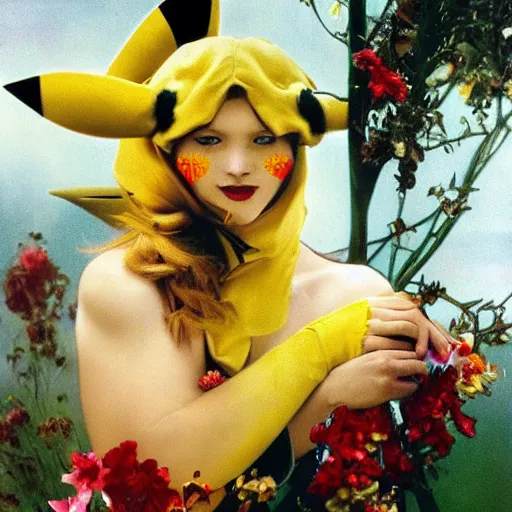 Prompt: elegant woman dressed up as pikachu art photo by Annie Liebovitz and Alphonse Mucha