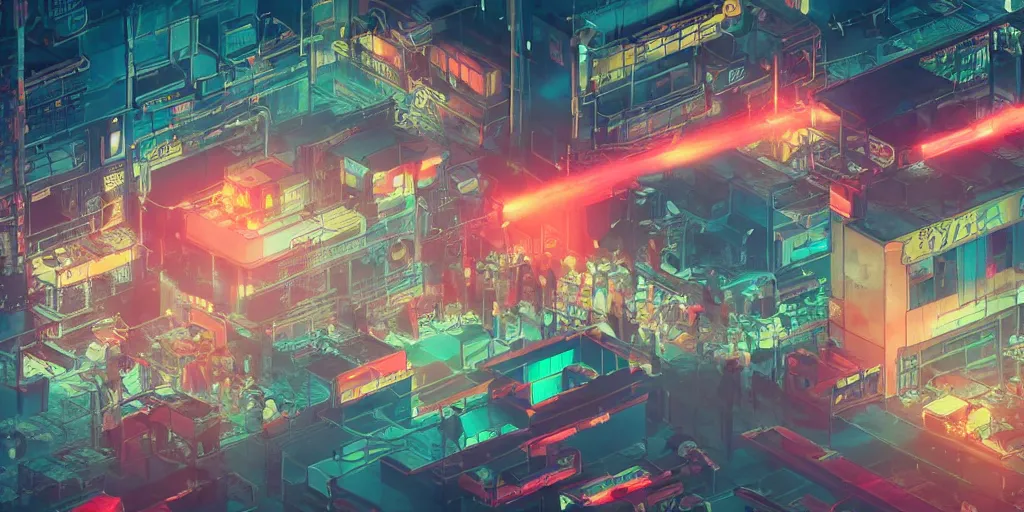 Image similar to isometric room of a room filled with factory exploding at night in the center of a futuristic sci-fi asian city, signboards, neon lights, blade runner color palette, rendered in octane render by Yasunari Ikenaga, Yamato, Macross