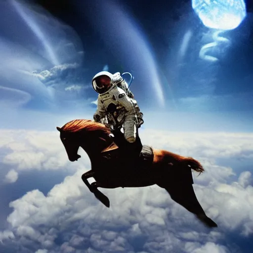 Image similar to a cinematic photograph of an astronaut riding a Pegasus flying above the clouds, mystical