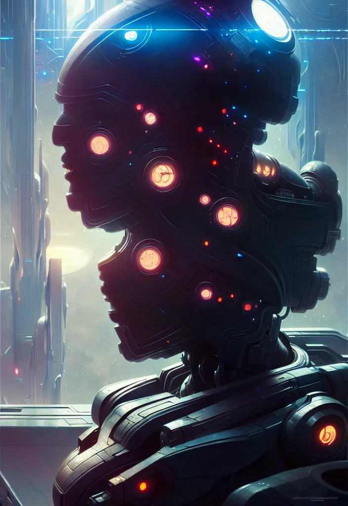 Image similar to ultra realistic, cyborg in a space metropolis, sci-fi, cyberpunk, concept art, intricate details, eerie, highly detailed, octane render, 8k, , art by artgerm and greg rutkowski and alphonse mucha