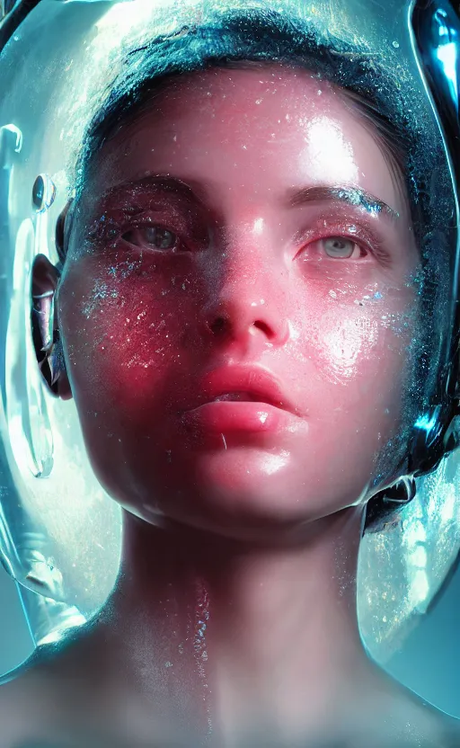 Prompt: biotech organic bubble portrait of a girl, cyberpunk, weird, octane render, hyper realistic reflections, graphic, hd, 8 k, vivid colors