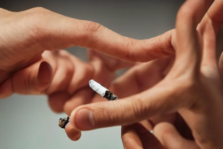 Image similar to Close-up of thin soft hand, hand with cigarette with smoke, hand with five fingers, hyper realistic, high details, photo, super resolution