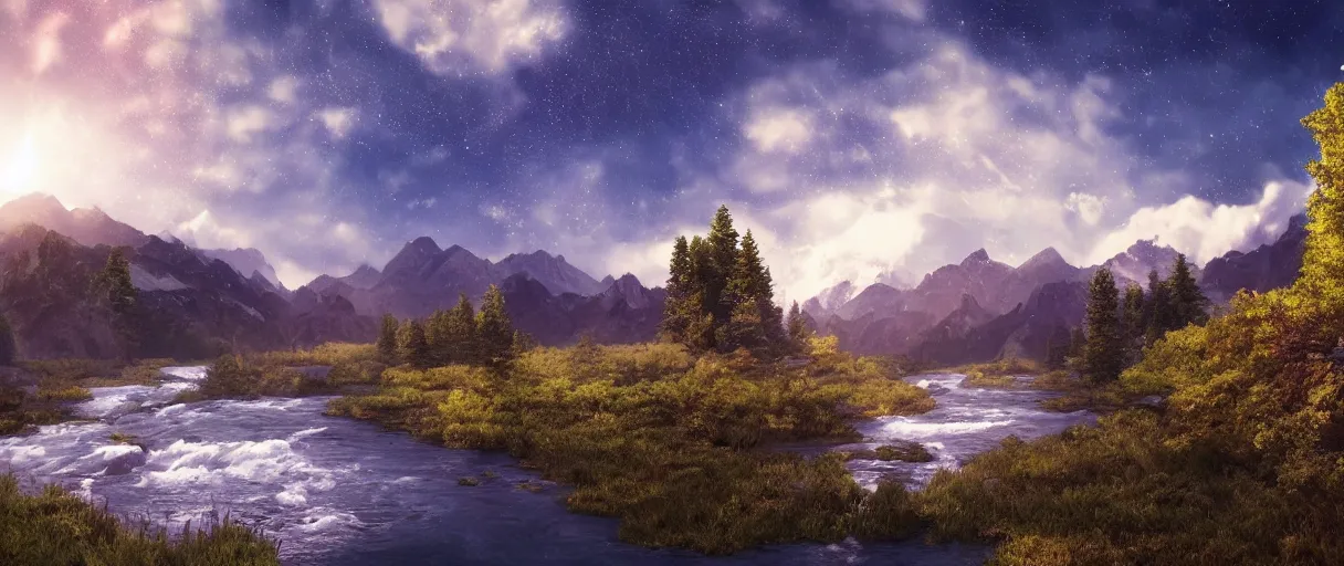 Image similar to realistic tree, mountains, river, landscape, photo, concept art, universe in the sky, cinematic lighting, 4k, wide angle, warm tones, Earth,