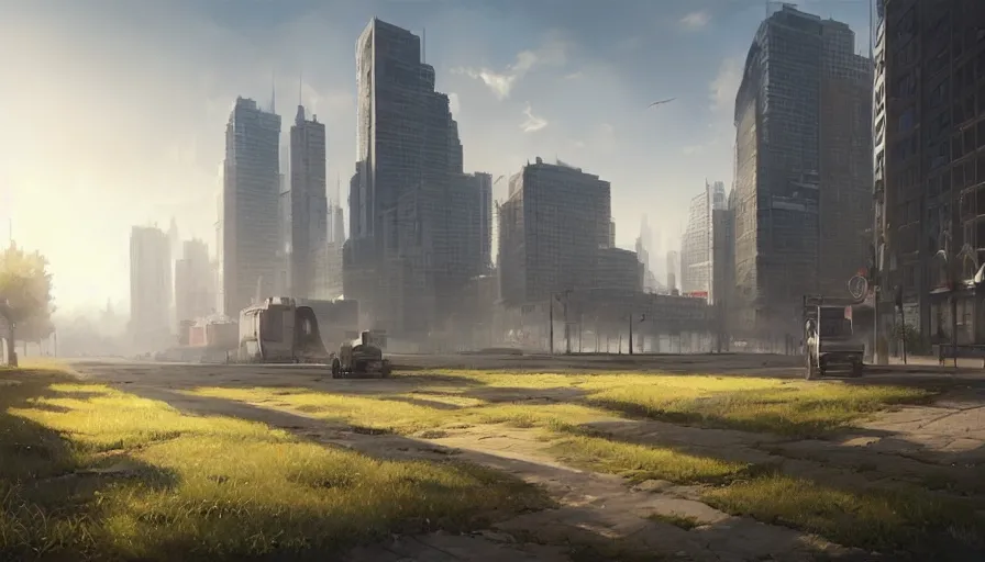 Prompt: a large square at the end of the road, buildings in the distance, sunny day game cg, hyperdetailed, trending on cgsociety