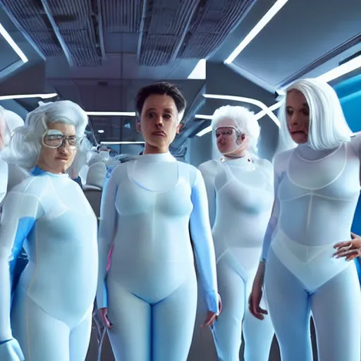 Prompt: formation of determined chubby mustached women with white hair, white hair, tight light blue neopren suits, futuristic production facility, sci - fi, highly detailed, cinematic