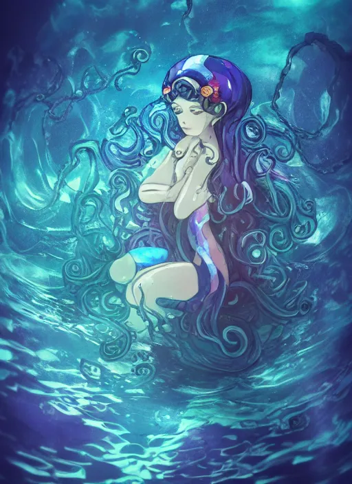 Image similar to A full shot of a Kawaii sea creature from the Abyss made of opals and oil wearing a black dress made of serpents and crystal. Fully Clothed. Under Water. Shallow Depth of Field. Tilt Shift. Symmetrical. Deepsea photography. Dark foreboding Atmosphere. Sailor Moon. Tentacles. Kawaii. Caustic refraction. Demon Horns, Angel Wings, By Lisa Frank and Giger and Ruan Jia and Artgerm and Range Murata and WLOP. Key Art. Fantasy Illustration. award winning, Artstation, intricate details, realistic, Hyperdetailed, 8k resolution.