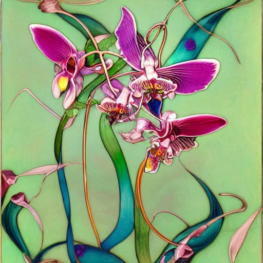 Image similar to majestic colorful orchid mantis cloisonne enamel by leon bakst and yoshitaka amano, cloisonne, beautiful hyperdetailed art nouveau orchids, james jean, amanda sage