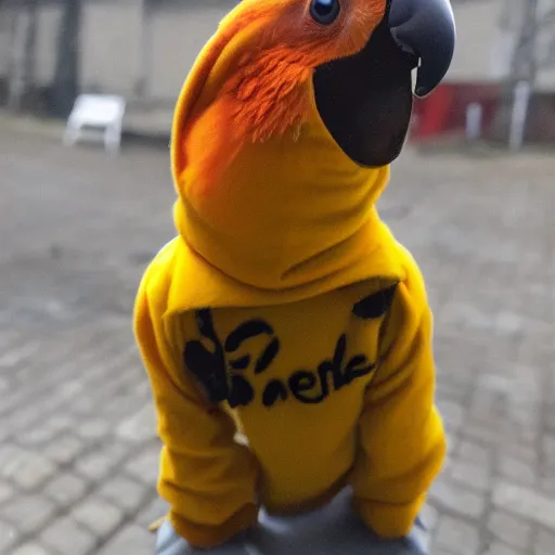 Image similar to a parakeet wearing a Winnie the Pooh hoodie, photo