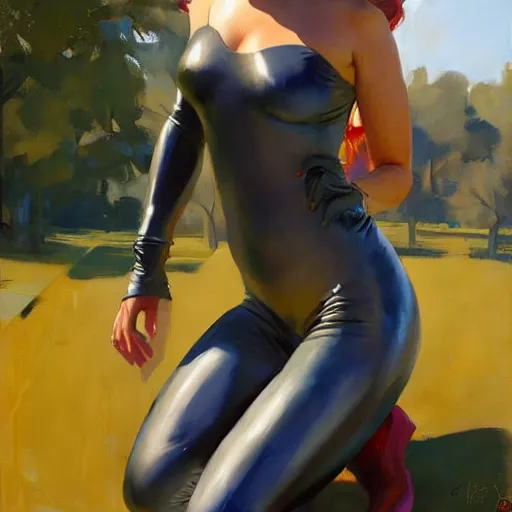 Image similar to greg manchess portrait painting of addison rae wearing a latex suit, medium shot, organic painting, sunny day, matte painting, bold shapes, hard edges, street art, trending on artstation, by huang guangjian and gil elvgren and sachin teng