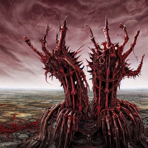 Image similar to conjoined demon twins sitting legs crossed in a desert hellscape covered in gore by Yoshitaka Amano, by HR Giger, biomechanical, 4k, hyper detailed, hyperrealism, anime, a Broken World demons flying overhead, red sky, blood and body parts, deviantart, artstation