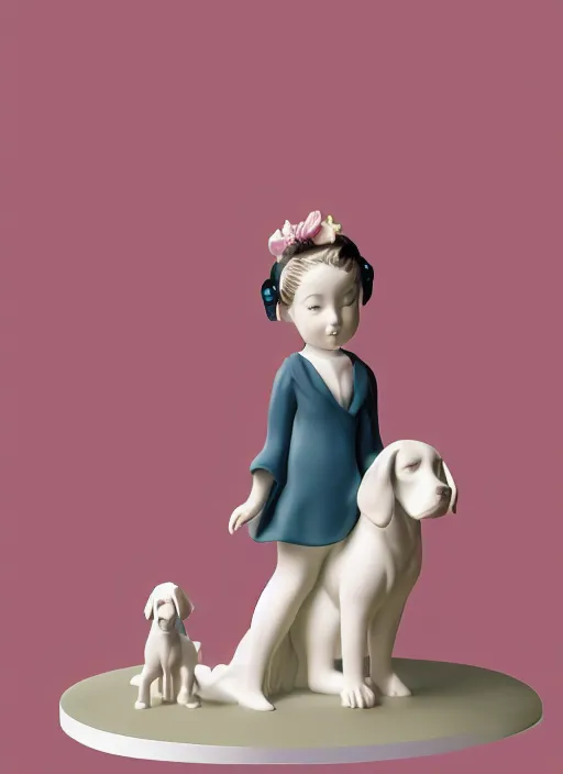 Prompt: Lladro of a Girl with a Dog, Product Introduction Photos, 4K, Full body, Simple Background