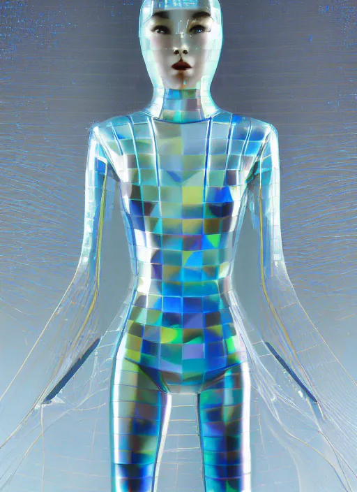 Prompt: a digital portrait of an european girl detailed features wearing a cyber latex suit wedding dress - synthetic materials imac bondi blue 1 9 9 8 by issey miyake by ichiro tanida and mitsuo katsui