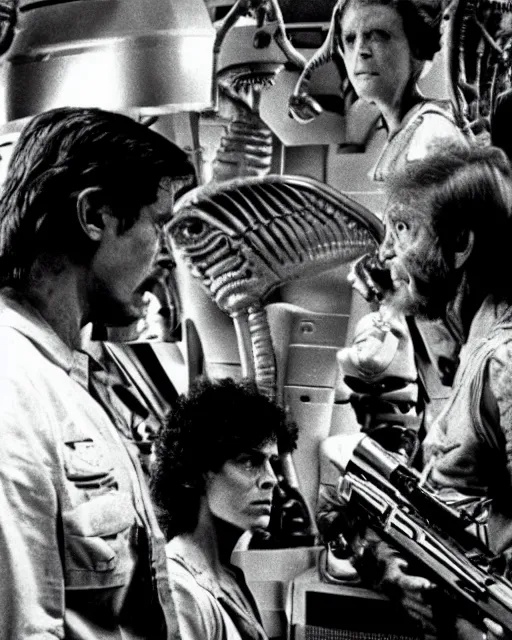Image similar to a film still from alien ( 1 9 7 9 ) starring sigourney weaver, tom skerrit, ian holm, john hurt, yaphet koto, veronica cartwright,