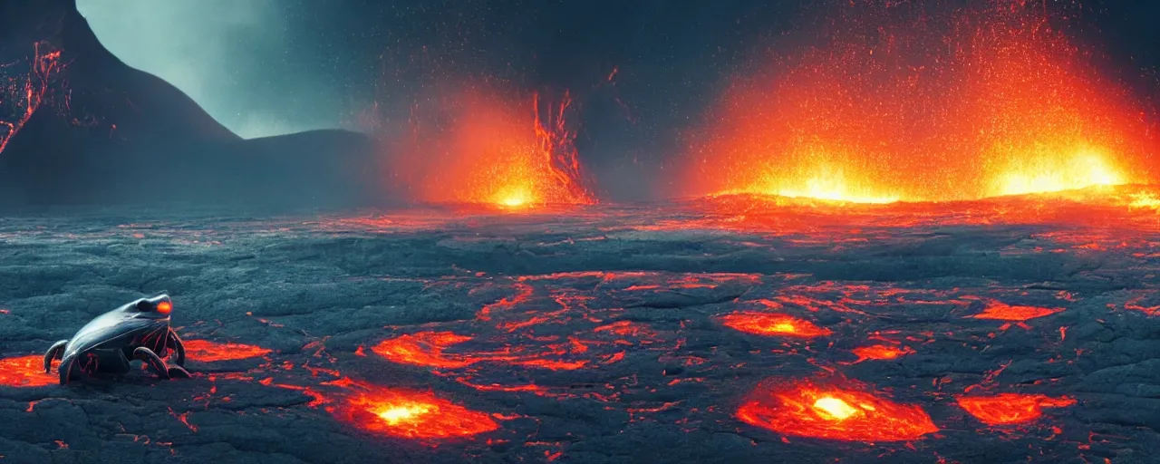 Prompt: a stunning view from the cockpit, giant black carbon robotic frog collapsing into a lava river, dust, blank ink tornadoes and giants arms, rainy, glossy reflections, blue and orange rim lights, photorealistic, dust particles, inspired by Interstellar, glints, lens flares