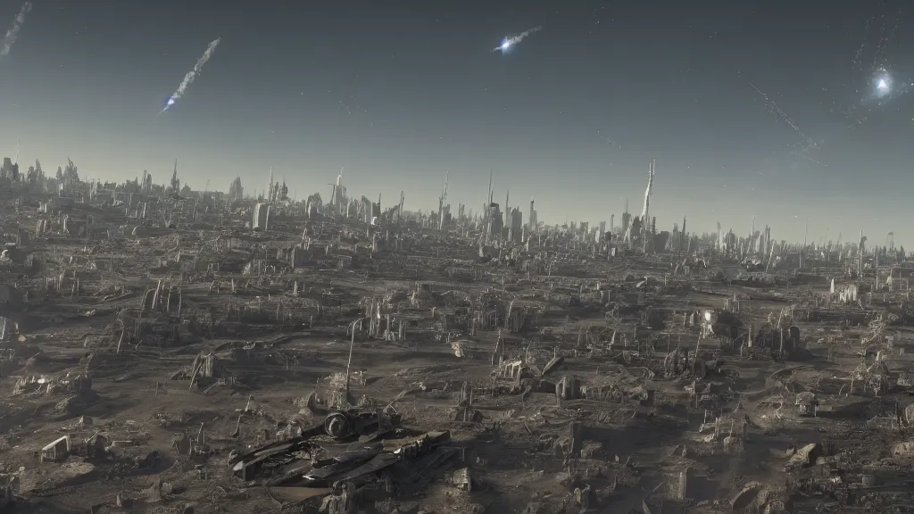 Prompt: many spaceships blasting off from a nuclear wasteland in the foreground, ruined city in background, thousands of rockets flying vertically in the sky, high contrast, hyperrealistic, Cryengine 8k UHD