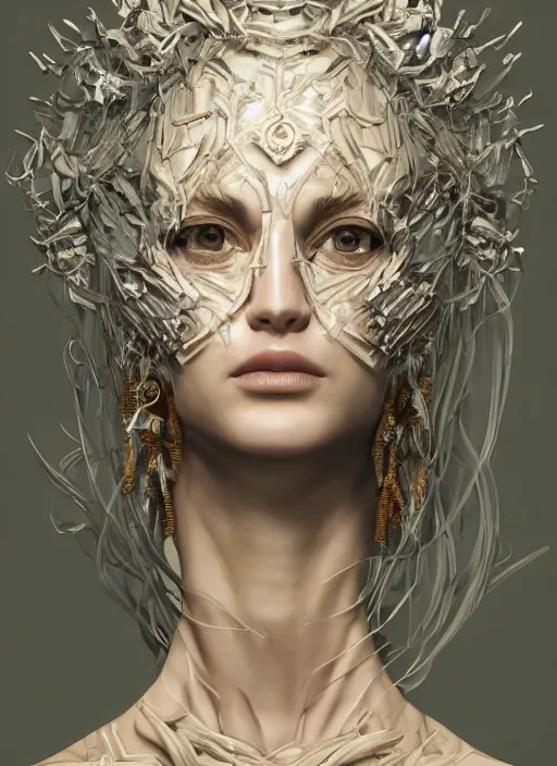 Image similar to sculpture made of wood, portrait, female, future, shaman, harper's bazaar, vogue, magazine, intricate, concept art, close up, ornate, luxury, elite, elegant, trending on artstation, by ruan jia, by Kenneth Willardt, by ross tran, by WLOP, by Andrei Riabovitchev,