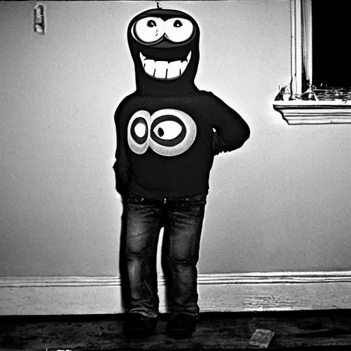 Image similar to realistic photograph of a creepy evil minion, if it were a real person, accidentally caught on camera in a old house, in the 8 0's