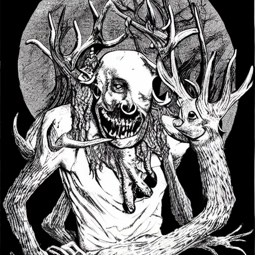 Prompt: the monster holding a decapitated head of a deer in his hand, folk horror illustration, eerie, trending on artstation, DeviantArt, Pinterest