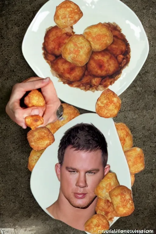 Image similar to a big tater tot on a plate with channing tatum face, channing tatum made out of tater tot, photo