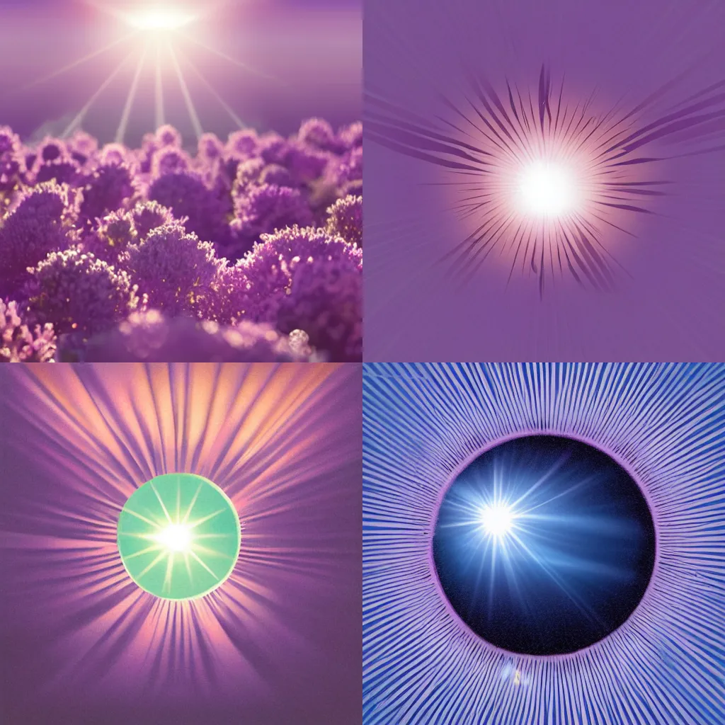 Prompt: a surreal sun radiating into lilac background, positive, calming, album art