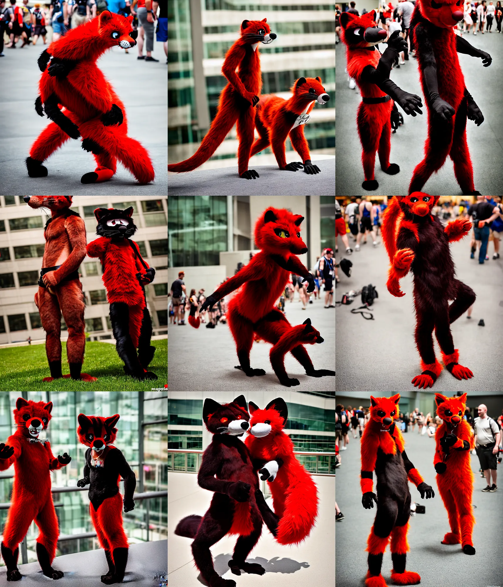 Image similar to fullbody photoshoot photo portrait of a cute roguish male red - black furred weasel furry fursuiter ( tail attached ), taken at anthrocon ( furry convention )