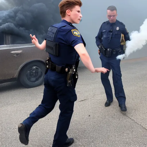 Prompt: tom holland getting arrested while exhaling a cloud of smoke, candid photography