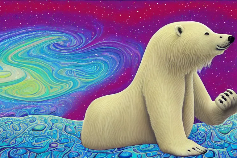 Image similar to a relaxed polar bear looking to the sky by lisa frank, alex grey, flooko, acrylic, digital art, painting,