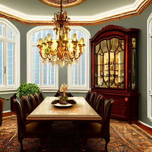Prompt: Dining room, luxury, Victorian, artgerm, 35mm photography, hyper realistic, 8K, cool lighting, sleek, bed, cabinet furniture, large windows to forest at night