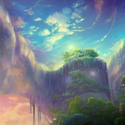 Image similar to a heavenly dream view from the interior of my cozy giant futuristic greenhouse tower dream world filled with color from a Makoto Shinkai oil on canvas inspired pixiv dreamy scenery art majestic fantasy scenery fantasy pixiv scenery art inspired by magical fantasy exterior illumination of awe and wonder