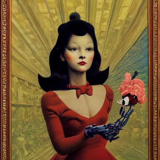 Image similar to portrait painting young woman skeleton, minnie mouse, comic book, elegant, highly detailed, painted by maxfield parrish and murakami