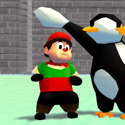 Image similar to danny devito punching penguins, nintendo 6 4 screenshot, low poly, aliased