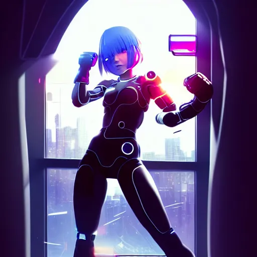 Prompt: beautiful cyborg - girl punching through a large reflective shattering window, window reflections, reflective, mirror reflection, refractions on lens, full round face, biomechanical details, cyberpunk anime art, full body shot, lens flare, wlop, ilya kuvshinov, artgerm, krenz cushart, greg rutkowski