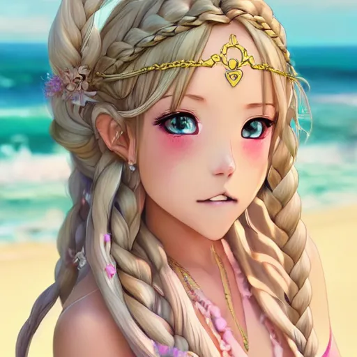 Prompt: a very beautiful anime princess, pastel colors, full body, long braided curly blonde hair, twisted braids, golden watery eyes, full round face, short smile, pale pink bikini, serene beach setting, cinematic lightning, medium shot, mid-shot, highly detailed, trending on artstation, Unreal Engine 4k, cinematic wallpaper by Stanley Artgerm Lau, WLOP, Rossdraws, James Jean, Andrei Riabovitchev, Marc Simonetti, and Sakimichan