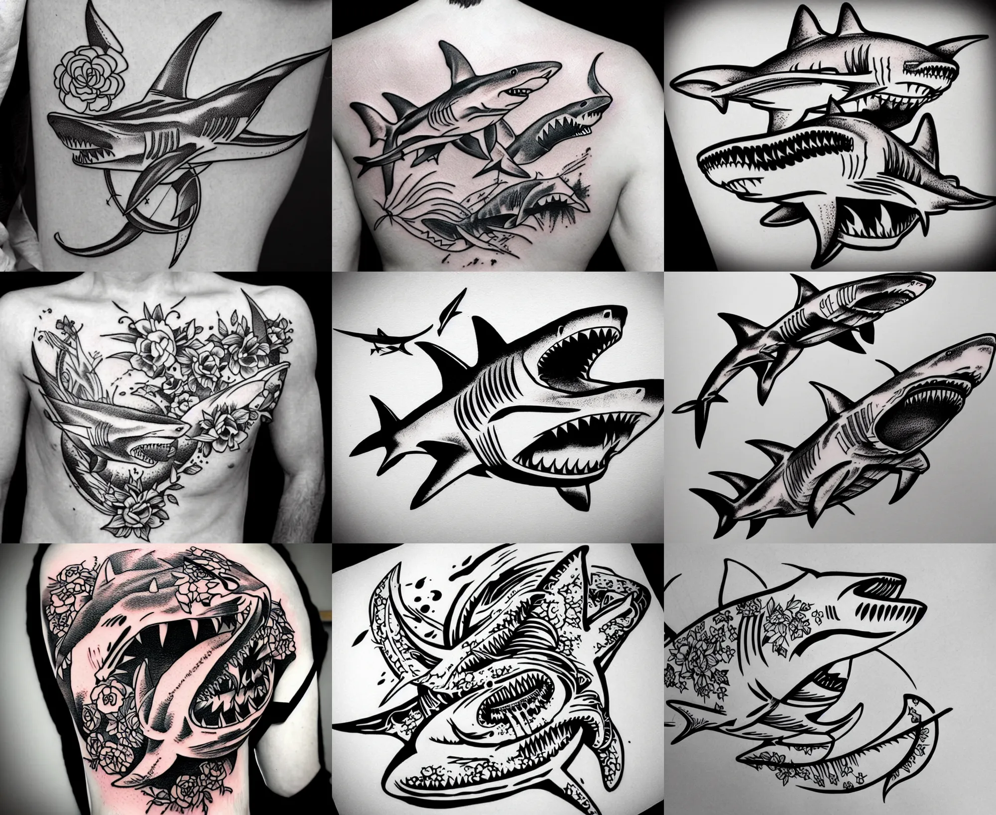Prompt: detailed amazing tattoo stencil of a floral shark hunting