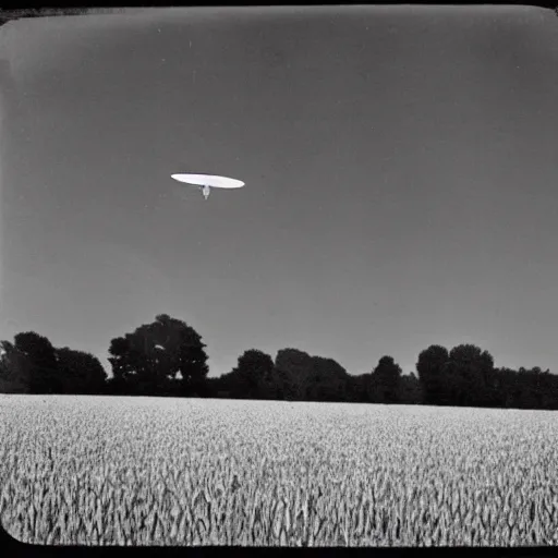 Prompt: a picture of an ufo above an wheat field, black and white, 1 9 2 0's, pictorialism