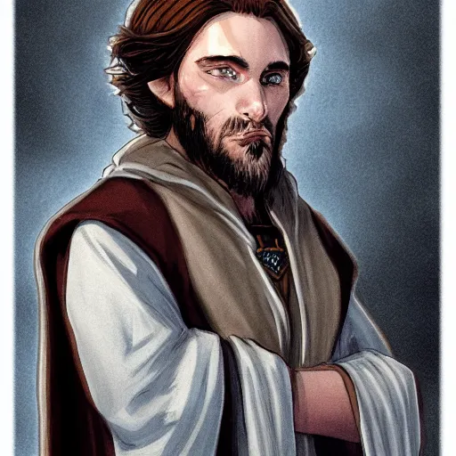 Prompt: Young John Malkovich with short brown hair and brown beard in a cloak, half-elf Divination Wizard Pathfinder character art d&d character portrait
