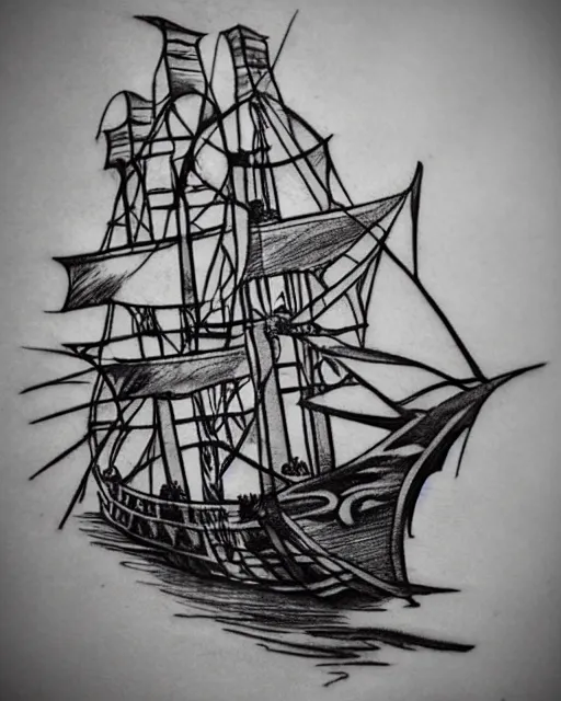 Prompt: A tattoo design sketch of a realistic pirate ship, on paper, black and white, highly detailed, realistic tattoo, trending on pinterest