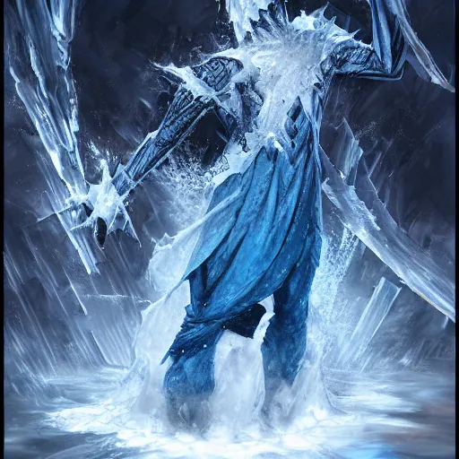 Image similar to a blue tiefling man frozen in a block of ice and being shattering into a million pieces, wearing dark cloths, ice block, cracked, destroyed, shattering, breaking, by Tony Sart, detailed, realistic, masterpiece