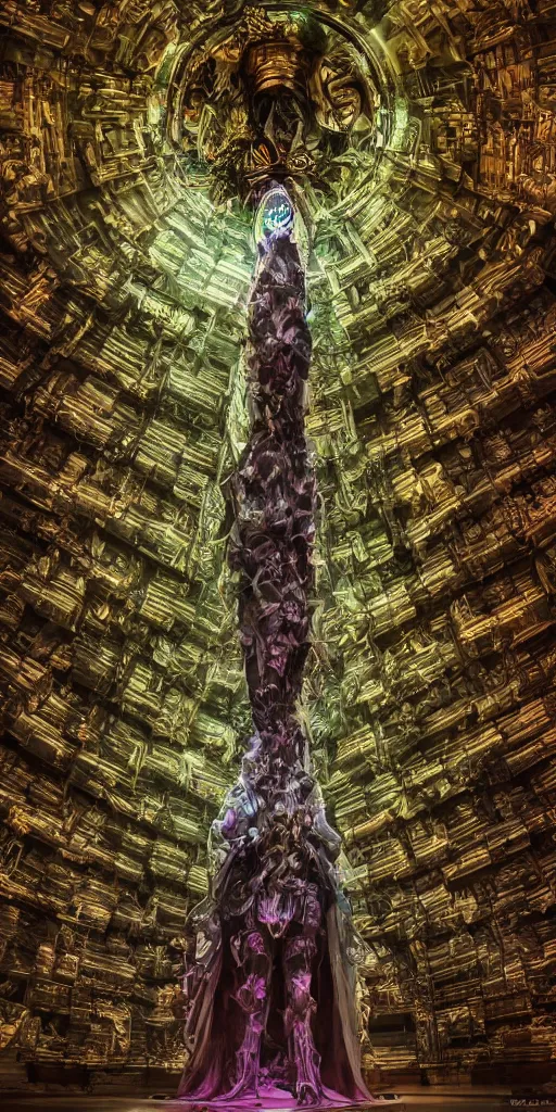Prompt: inside the temple of the virus god cult. large crystalline statue of a t 7 bacteriophage dominates the scene. horrifying beauty. behold the great virus! award - winning photograph hasselblad 1 6 k. lush detail and color. a shaft of light illuminates the crystalline virus. sharp focus. perfect composition and focus. melancholic masterpiece