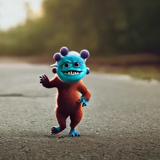 Prompt: a cute little monster walking with a little baby, friends, portrait, pixar style, abandoned environment, cinematic lighting, award winning creature portrait photography