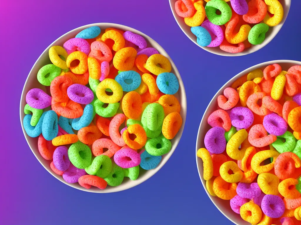 Image similar to bowl of fruit loops in milk, high realism, high contrast, bump map, crunchy, glossy, high detail, stylized, pixar, substance painter, octane render