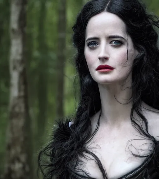 Image similar to 5 5 mm close up portrait photo of eva green as yennefer of vengerberg in black leather armor and long black fluff hair, in a forest. magical atmosphere. art by greg rutkowski. lifelike. very detailed 8 k. intricate. soft light. nikon d 8 5 0.