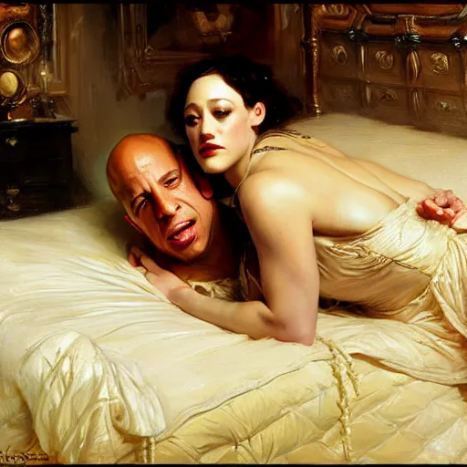 Prompt: vin diesel is in his bed, nervous and terrified, because kat dennings from hell is attacking him. highly detailed painting by gaston bussiere, j. c. leyendecker, greg rutkowski, craig mullins 8 k