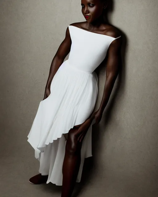 Image similar to Fully-clothed full-body portrait of Lupita Nyong'o wearing a white dress, XF IQ4, 50mm, F1.4, studio lighting, professional, 8K