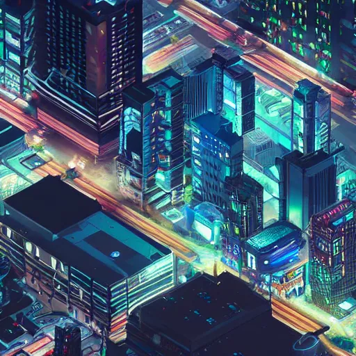 Image similar to wide angle isometric futuristic city at night bladerunner unreal engine zoomed out