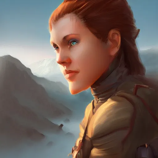 Prompt: digital portrait painting of an adventurer woman facing away from the camera, looking at cliffs and mountains in the distant fog, trending on artstation, cgsociety
