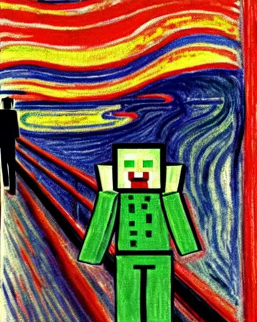 Image similar to minecraft creeper as the subject in the scream by edvard munch