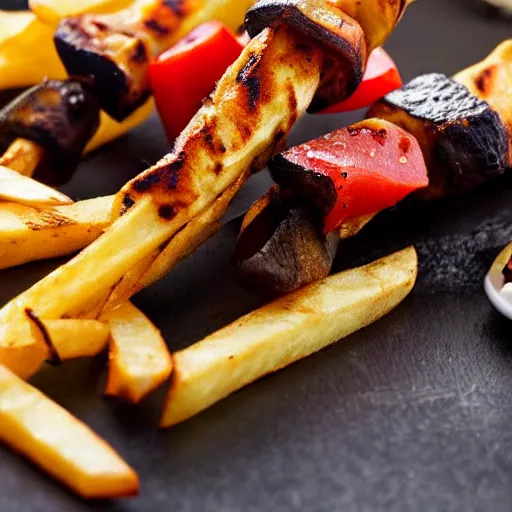 Prompt: a delicious looking kebab with fries,close up shot,high definition