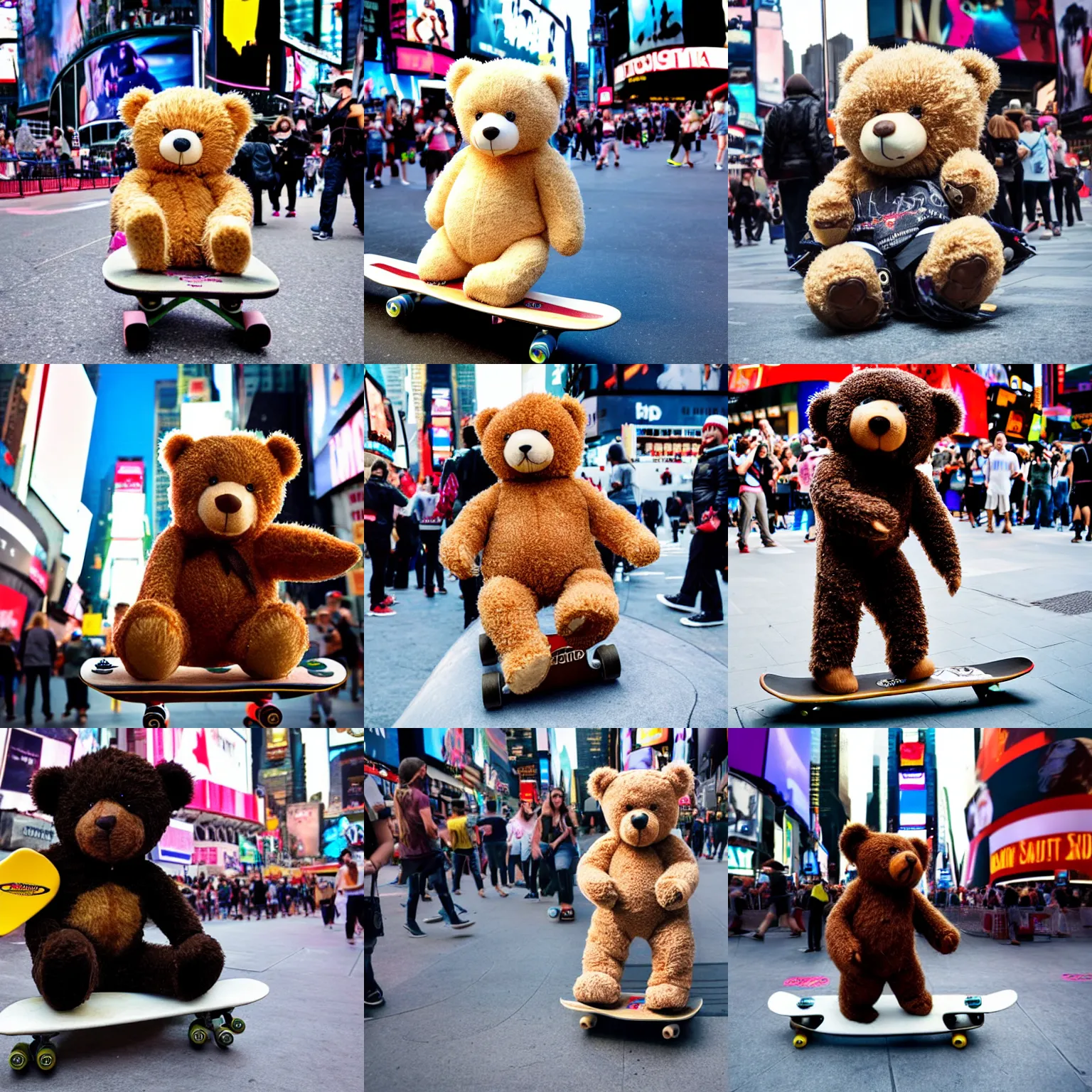 Image similar to a teddy bear on a skateboard in times square